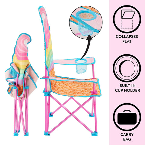 Ice Cream Themed Kids Folding Camp Chair with cup holder, colorful design, showing folded and upright views with carry bag included.