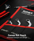 SAE S-Style Wrench Set 5-Piece, 5/16 x 3/8 to 11/16 x 3/4 Inch in canvas roll pouch showing easy size identification on both sides
