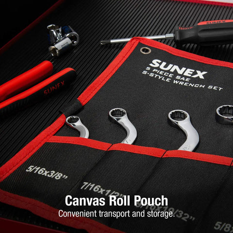 SAE S-Style Wrench Set 5-Piece, 5/16 x 3/8 to 11/16 x 3/4 Inch in canvas roll pouch showing easy size identification on both sides