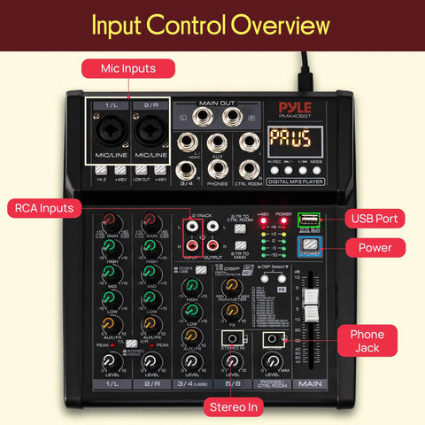 Six Channel Studio Mixer With Bluetooth Road Ready USB Audio Interface Built In MP3 Player DSP Effects Phantom Power XLR And Combo Inputs Control Room Output Smooth Dials And Faders Compact Footprint For Home Studio And Live Setups showing input control overview.