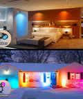 Indoor and outdoor scenes with 2-Pack RGBW LED Color Changing Landscape Lights With Remote showcasing different color modes