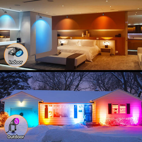 Indoor and outdoor scenes with 2-Pack RGBW LED Color Changing Landscape Lights With Remote showcasing different color modes