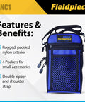 Deluxe Padded Meter Case For HVAC And Clamp Meters With Rugged Nylon Build shown with features and benefits text.