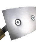 Close-up of Smooth As Butter Veneer Saw Featuring A Razor Sharp 15 TPI Dual Sided Blade for precision cutting and a sturdy walnut handle.