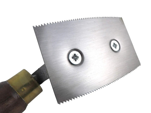 Close-up of Smooth As Butter Veneer Saw Featuring A Razor Sharp 15 TPI Dual Sided Blade for precision cutting and a sturdy walnut handle.