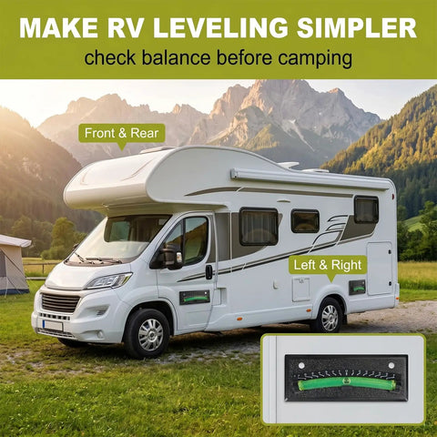 Badass Rv Level Bubbles 4 Pack With Crisp Graduated Scale And UV Resistant Green Liquid Fade Free High Viz Level Indicator For Camper Trailer Pickup Truck on RV in mountains.