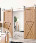 Brushed Nickel Non Bypass Sliding Barn Door Hardware Kit for Two Doors with 7ft Flat Track and Arrow Design Rollers installed.