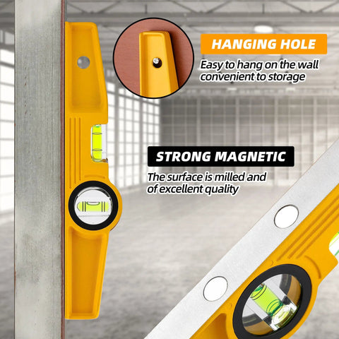 Shop Tested Ten Inch Aluminum Die Cast Magnetic Torpedo Level With Badass Rare Earth Magnet showing hanging hole and strong magnet feature.