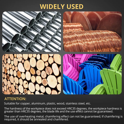 AMTOVL Pneumatic Chamfering Tool collage showing metal tubes, copper wire coil, stacked log cross-sections, and multicolor plastic chairs