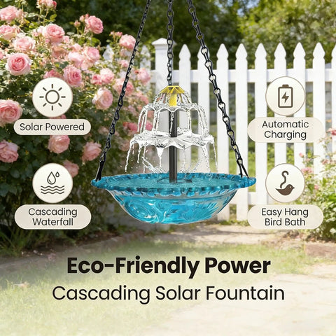 Hanging Solar Bird Bath Fountain Upgrade 3-Layer Cascading Water Feature For Outdoor Garden Decor Ideal For Patio, Yard, Backyard And Lawn, Solar Powered, No Wires, Worry-Free Sunlit Bird Bath Attraction