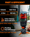Flash 1.0L Portable Fast Boil Stove in use with cooking cup, showing heat indicator and FluxRing efficiency outdoors.