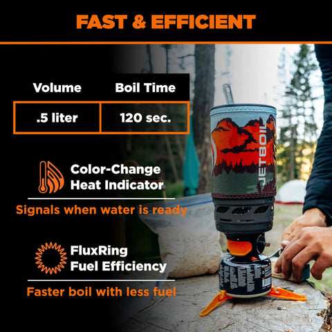 Flash 1.0L Portable Fast Boil Stove in use with cooking cup, showing heat indicator and FluxRing efficiency outdoors.