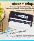 Custom Long Self Inking Rubber Stamp Personalized One Line Office Supplies Re Inkable Six Bold Ink Colors on wooden desk.