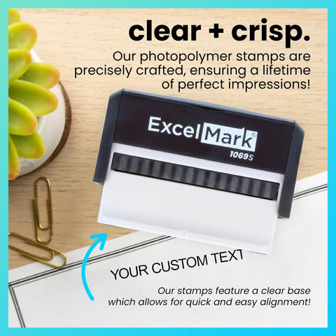 Custom Long Self Inking Rubber Stamp Personalized One Line Office Supplies Re Inkable Six Bold Ink Colors on wooden desk.