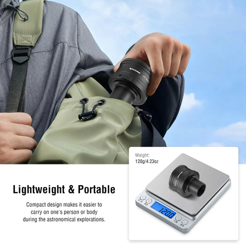 Canon Compatible T2 Mount Lens Adapter for EOS M Cameras With M42 to 1.25 Inch Telescope Adapter being placed in backpack with weight shown as 120g on scale