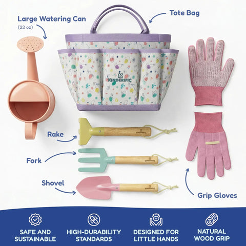Kid-Friendly Garden Tool Set For STEM Fun With Tote Bag Watering Can Shovel Rake Trowel Gloves And Egg Hunt Play displayed