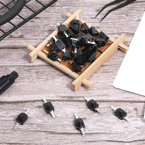 80 Piece Mini Latching Push Button Switch On Off Self Lock DC 30V 1A Black Micro Switches on wooden tray