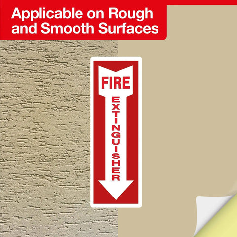 Pack Of 12 Fire Extinguisher Stickers 4 By 12 Inches, 5 Mil Vinyl, Weatherproof Self Adhesive Signs With Arrow installed on surface.