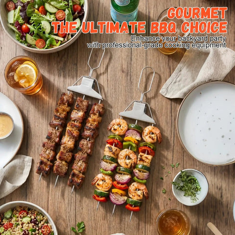 3 Way Grill Skewers With Push Off Slider 14.7 Inch Stainless Steel Kabob Sticks For Grilling displayed on wooden table with food