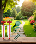 Six Piece Mini Seed Spreaders Set For Lawn And Garden, Handheld Seed Planter Tool Kit, displayed on wooden table in garden