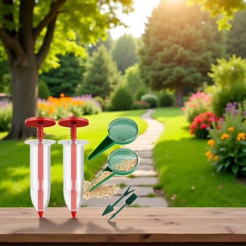 Six Piece Mini Seed Spreaders Set For Lawn And Garden, Handheld Seed Planter Tool Kit, displayed on wooden table in garden