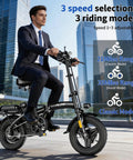 Epic Foldable Electric Bike For Adults With 750W Peak Power And 23 MPH Max, 14 Inch Compact Ebike, 48V 12Ah Battery, 35 Mile PAS Range, Ideal For Commutes And Weekend Joyrides. Man riding black folding ebike in city