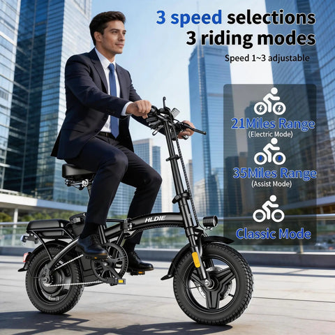 Epic Foldable Electric Bike For Adults With 750W Peak Power And 23 MPH Max, 14 Inch Compact Ebike, 48V 12Ah Battery, 35 Mile PAS Range, Ideal For Commutes And Weekend Joyrides. Man riding black folding ebike in city