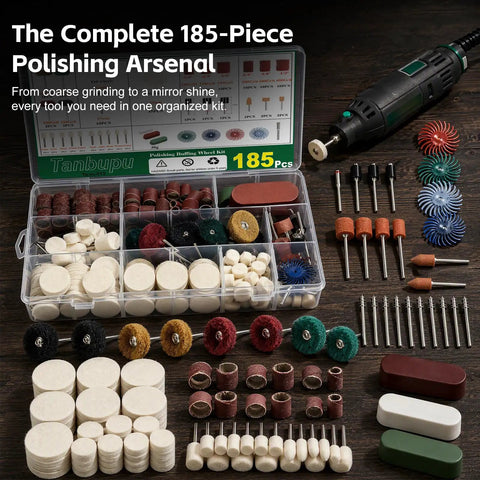 185 Piece Wool Felt Polishing Kit For Rotary Tools, assorted polishing pads and buffing wheels in a storage case.