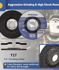 27 Pack Four And A Half Inch Angle Grinder Wheel Kit For Metals And Stainless Steel With Seven Eighths Inch Arbor Includes Twenty Cutting Wheels Three Grinding Discs Four Zirconia Flap Discs Great For Home DIY And Pro Metalwork showing grinding wheel with description