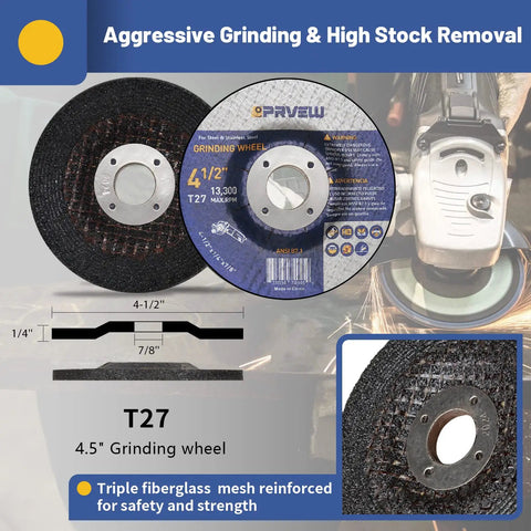 27 Pack Four And A Half Inch Angle Grinder Wheel Kit For Metals And Stainless Steel With Seven Eighths Inch Arbor Includes Twenty Cutting Wheels Three Grinding Discs Four Zirconia Flap Discs Great For Home DIY And Pro Metalwork showing grinding wheel with description
