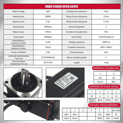 1000W AC Servo Motor Kit With Brake For CNC Machines showing wiring definitions and specifications chart