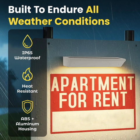 Solar Address Sign Light Two Pack With IP65 Waterproof above 'Apartment For Rent' sign in rain, built to endure weather.