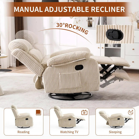360 Degree Rocking Recliner Chair With Footrest And Side Pocket Comfy Velvet Beige Upholstered Single Sofa Armchair showing recline positions