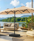 13 Foot Outdoor Patio Umbrella With Base Included, Double Sided Fade Resistant Canopy, Beast Shade For Deck Backyard And Pool Area, Large Table Umbrella For 2 To 6 Seats, Beige over patio seating