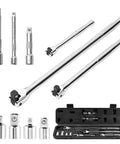 Heavy Duty 10 Piece Breaker Bar Set Featuring 180 Degree Swivel Head 3/8 1/2 1/4 Inch Drivers Extensions And Socket Adapters in tool case.