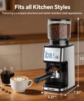 Hardcore Conical Burr Coffee Grinder With 51 Precise Settings showing digital screen, steel body, and coffee bean container.