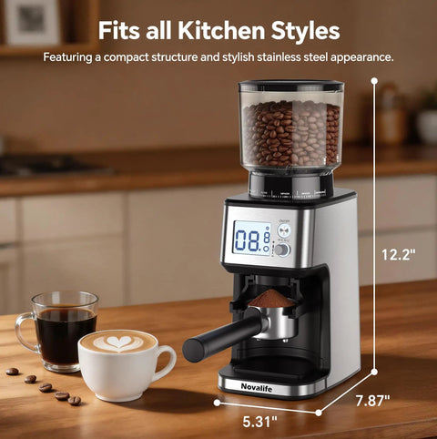 Hardcore Conical Burr Coffee Grinder With 51 Precise Settings showing digital screen, steel body, and coffee bean container.