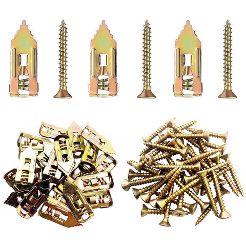 50 Pcs Self-Drilling Drywall Anchors With Screws Kit Heavy Duty Zinc Plated Steel 0.47x1.18 Inch layout, anchors and screws visible