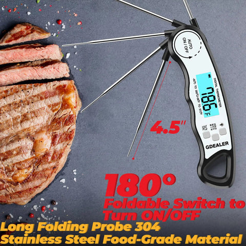 Ultra Fast Digital Meat Thermometer With Instant Read In 3 To 4 Seconds Waterproof IP67 Backlit Display beside grilled steak.