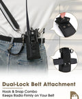 Person wearing Rugged Radio Holster Set With Adjustable Wide Reflective Strap Metal Clips And Movable Mic Holder Anti Sway Strap For Medical Calls Warehouse And Construction, secured with dual-lock belt attachment on jeans.