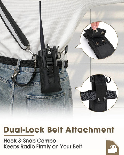 Person wearing Rugged Radio Holster Set With Adjustable Wide Reflective Strap Metal Clips And Movable Mic Holder Anti Sway Strap For Medical Calls Warehouse And Construction, secured with dual-lock belt attachment on jeans.