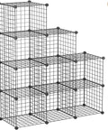 9 Cube Wire Storage Organizer with metal grid panels, modular bookshelf and closet cabinet black finish, front view.