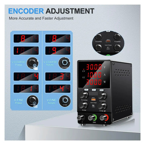 Adjustable Bench Power Supply For DIY Projects With USB Fast Charge, 30V 10A 300W Variable Output, 24V And 12V Tap, Four Knob Coarse And Fine Tune, LED 4-Digit Display, Reliable Lab Regulator For Repairs And Pro Builds, black bench unit