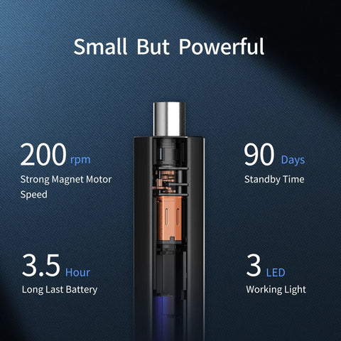 150 In 1 Electric Screwdriver Set With 120 Magnetic Bits And 30 Accessories features chart with speed, battery, standby time, LED light