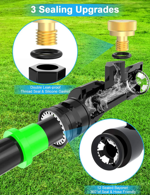 Close-up of Outdoor Patio Misting Kit's sealed brass adapter and fittings, showcasing 3 sealing upgrades for leak-proof performance.