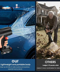 Person using 21V Cordless Leaf Blower With 990000 RPM Brushless Motor for lawn cleanup next to an image of portable blower washing a car window.