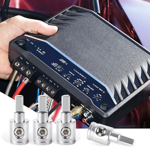 Heavy-Duty Car Stereo Wire Reducer Kit 0 Gauge To 4 Gauge For Amp Input, AWG Power And Ground Adapters, 4-Pack With Brass Nickel-Plated Connectors, Screws, And Heat Shrink installed on car amp
