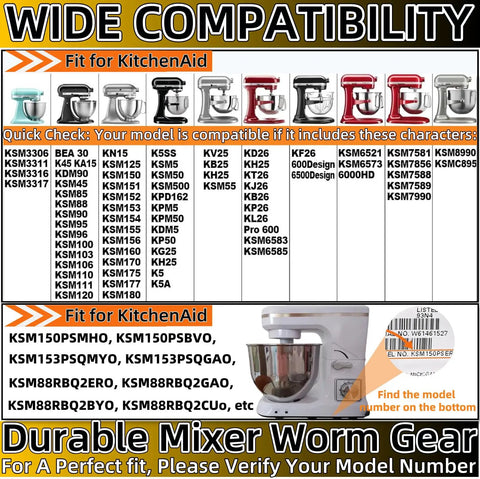 Wide compatibility chart for Premium Worm Gear Replacement Kit For Stand Mixers Fully Compatible With KitchenAid Whirlpool And Kenmore