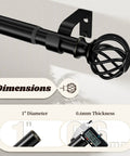 Matte Black Adjustable Curtain Rod 48 To 90 Inches Heavy Duty 1 Inch Drapery Rod with dimensions and finial design shown.