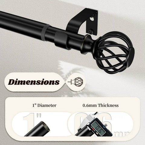 Matte Black Adjustable Curtain Rod 48 To 90 Inches Heavy Duty 1 Inch Drapery Rod with dimensions and finial design shown.